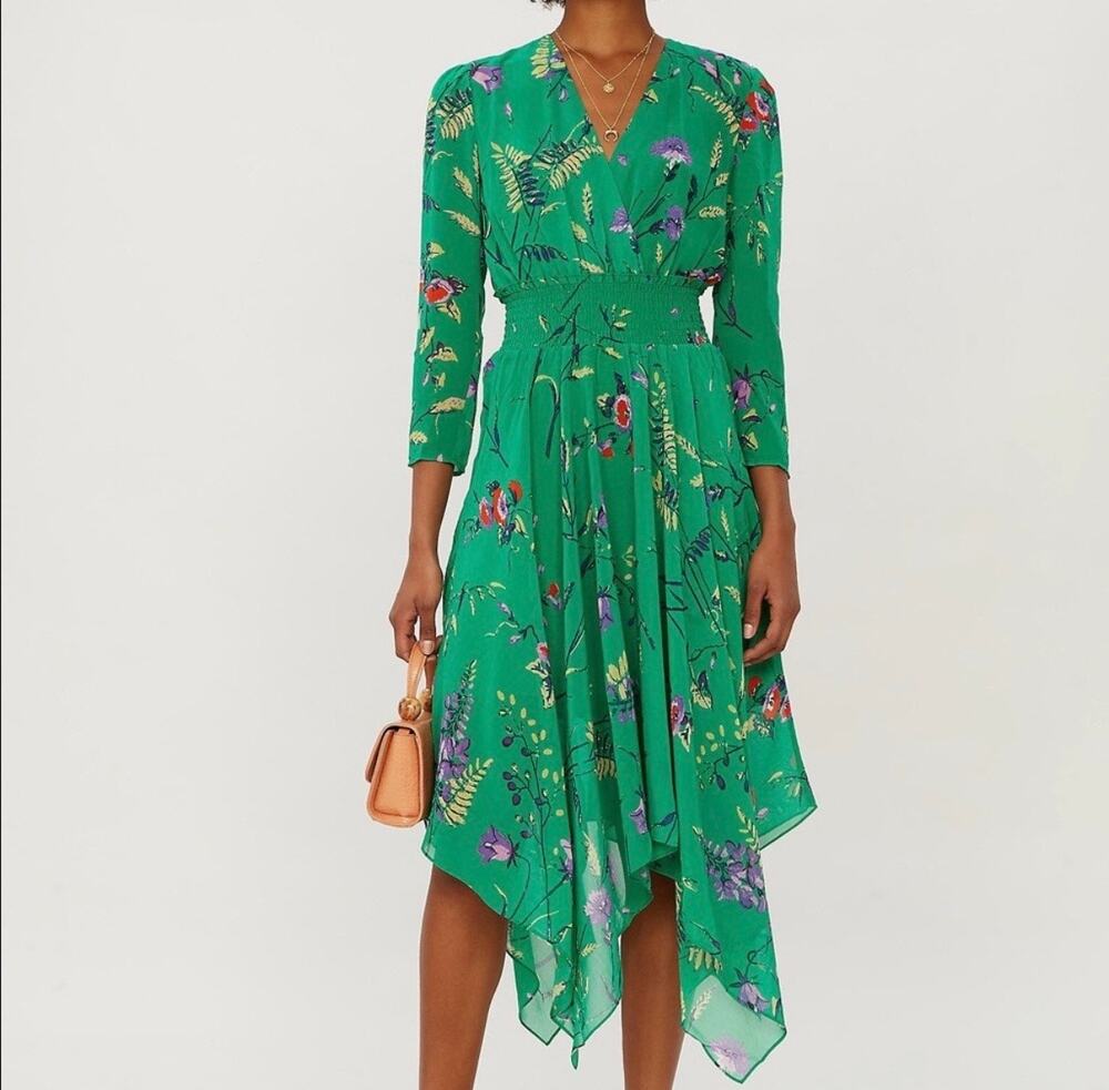 Maje Rayema Green Floral Midi Dress Hankerchief